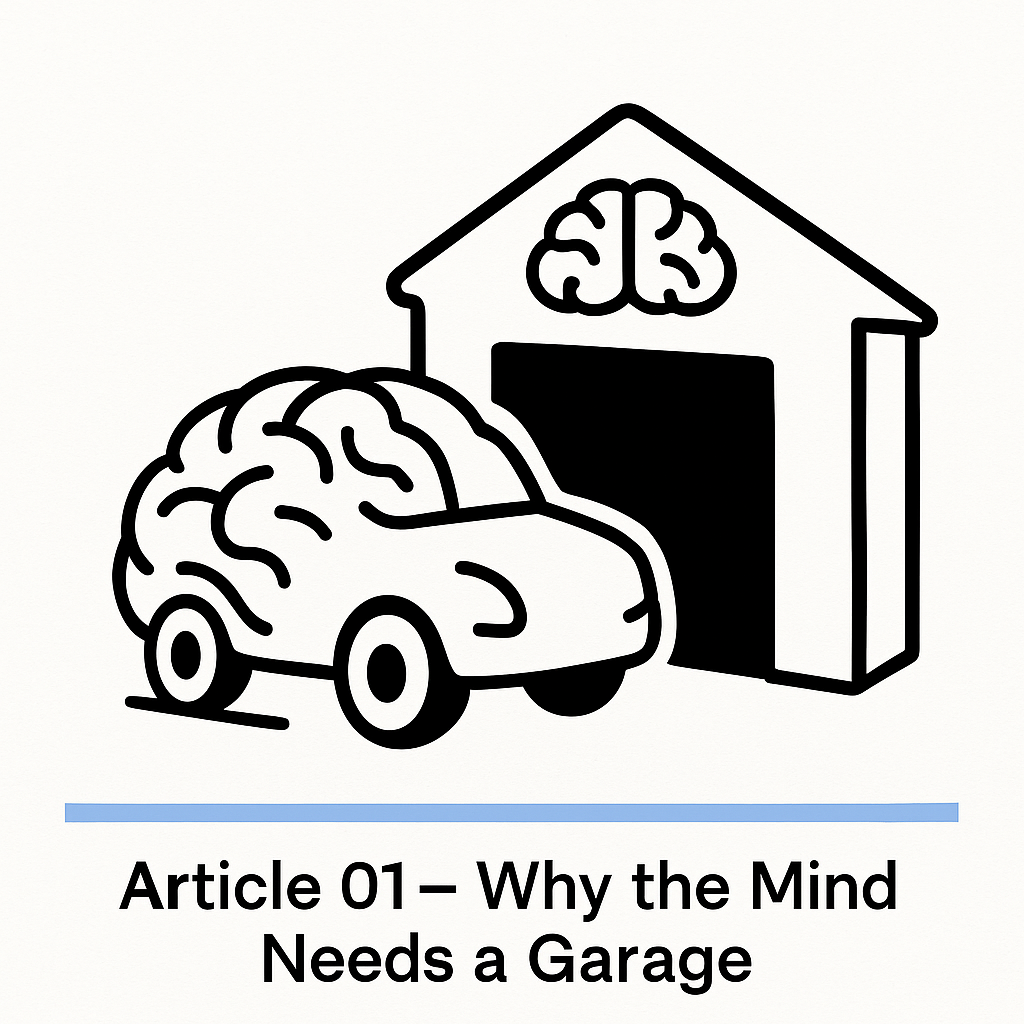 Illustration of a brain-car entering a symbolic garage — concept of mental maintenance and order.