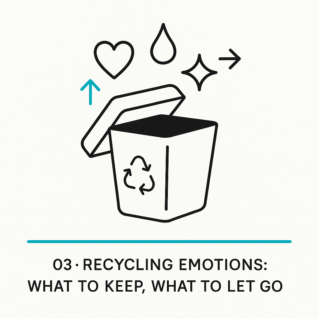 Minimalist illustration of a recycling bin filled with emotional icons like a heart, tear, and spark, symbolizing emotional renewal and release.