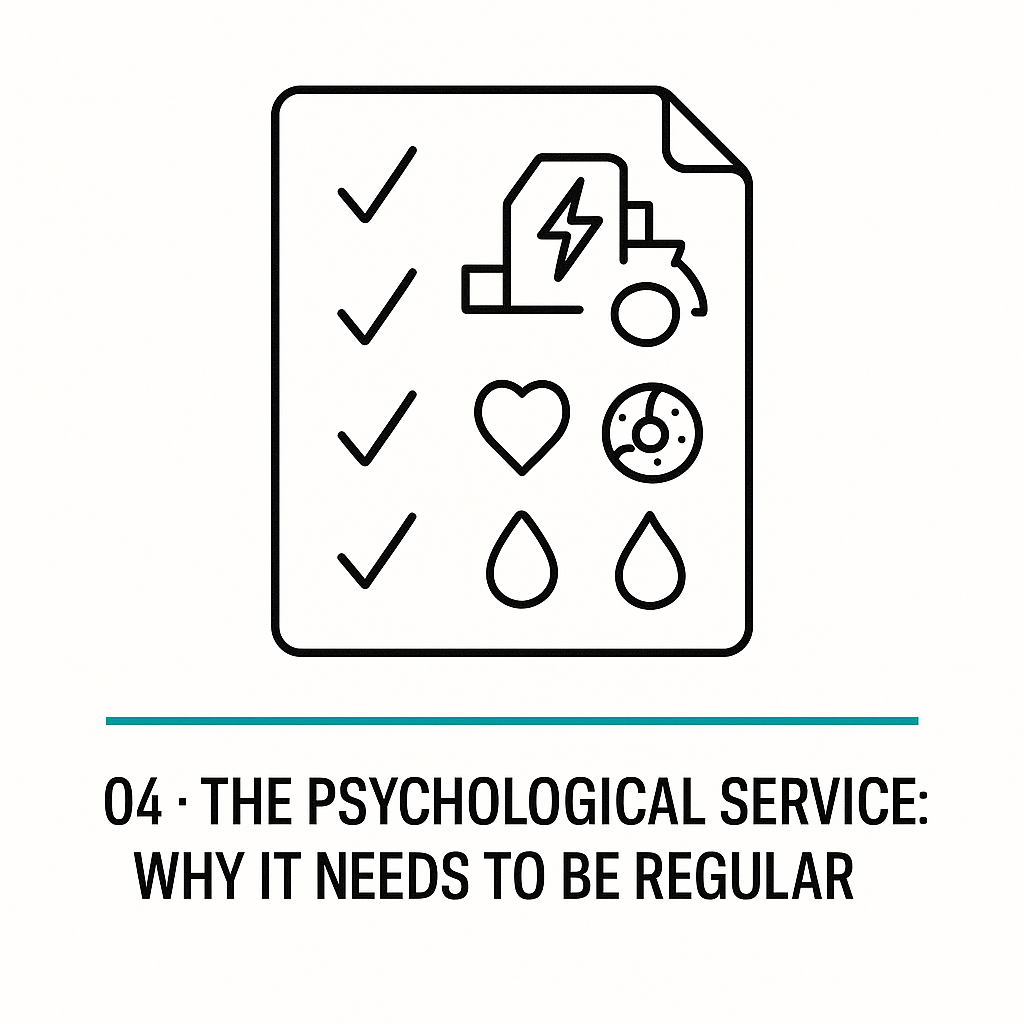 Service checklist icons for energy, filters, brakes, lubrication.
