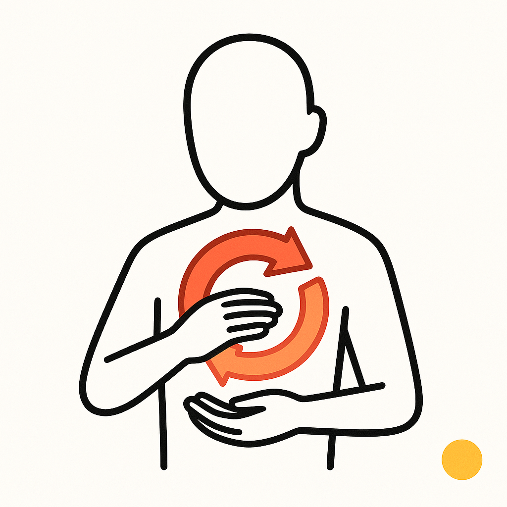Faceless minimalist figure surrounded by circular red-orange arrows representing the emotional recycling process.