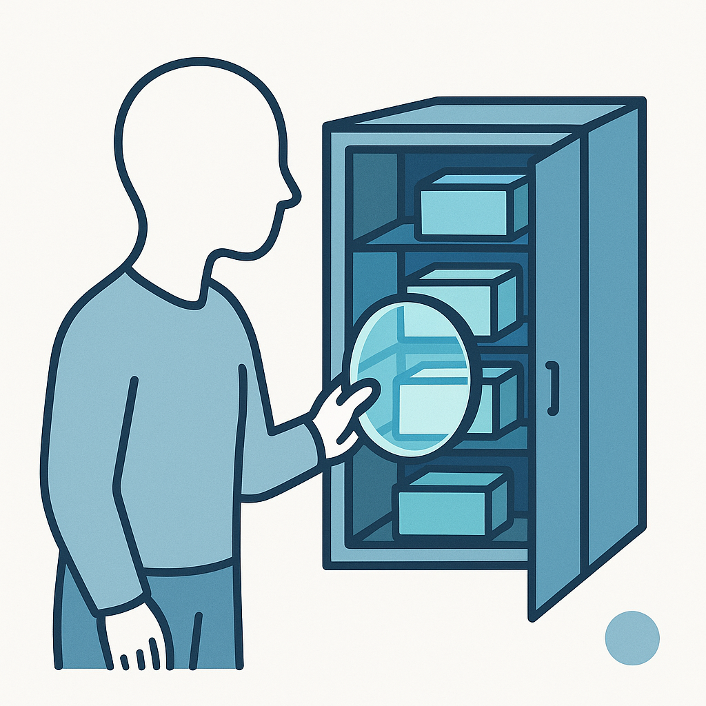 Faceless figure opening a small glowing cabinet filled with blue memory drawers, symbolizing the mind’s storage room.