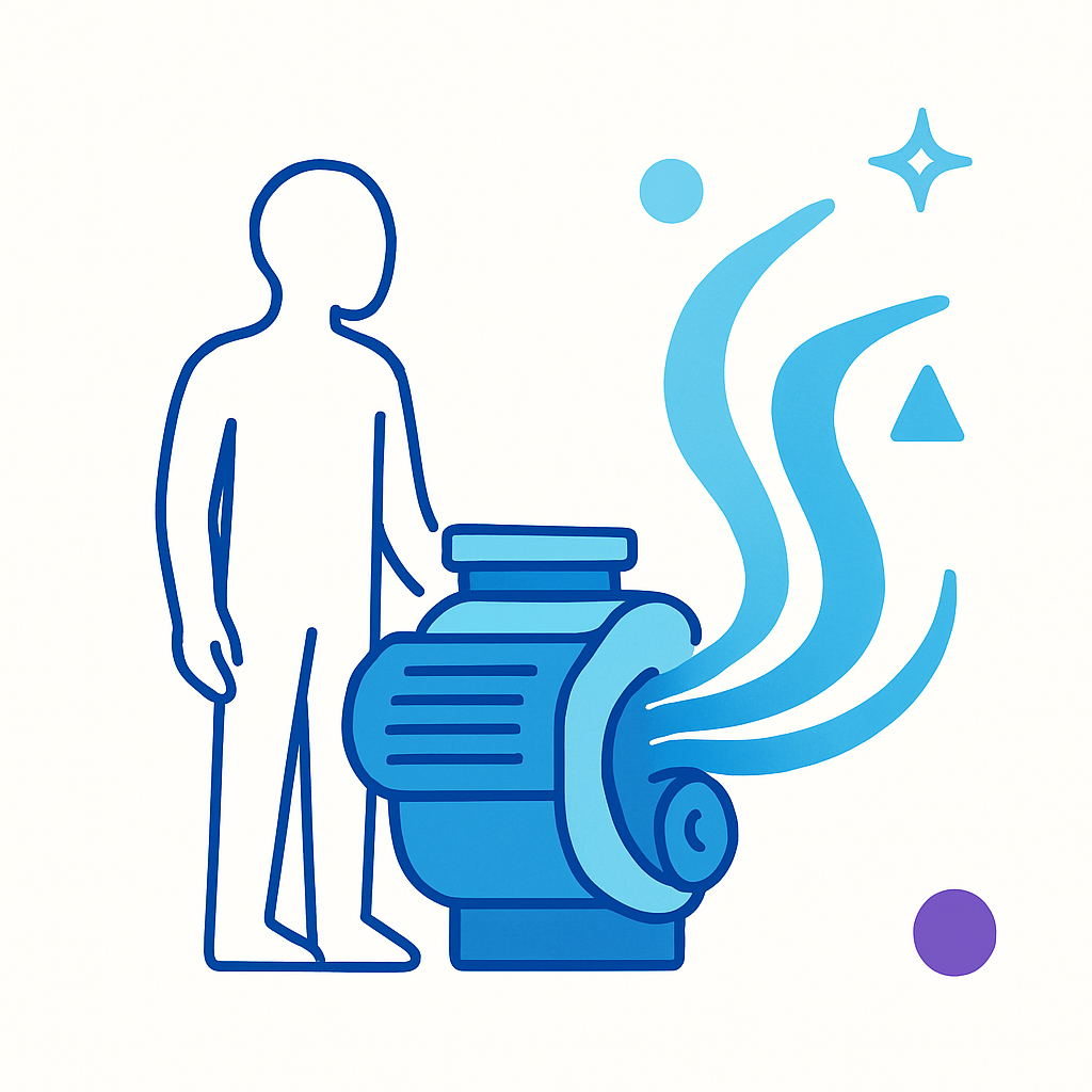 Faceless minimalist figure beside a glowing blue engine radiating swirling paths toward distant shapes, symbolizing imagination and alternate futures.

