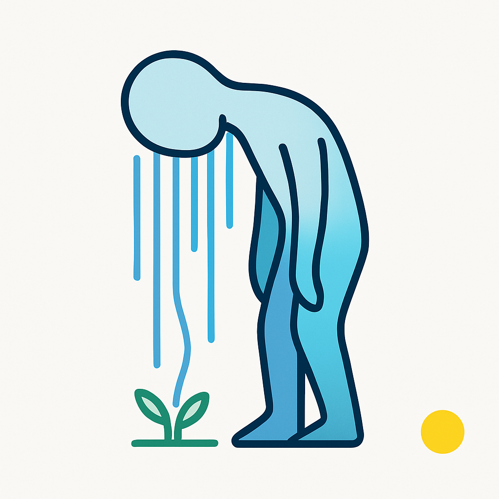 Faceless blue figure leaning downward with soft rain-like lines and small green sprouts below, symbolizing sadness and renewal.