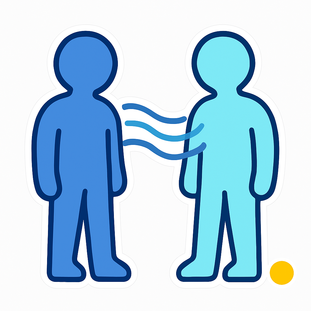 Two faceless blue figures connected by soft aqua waves, symbolizing empathy and emotional resonance.