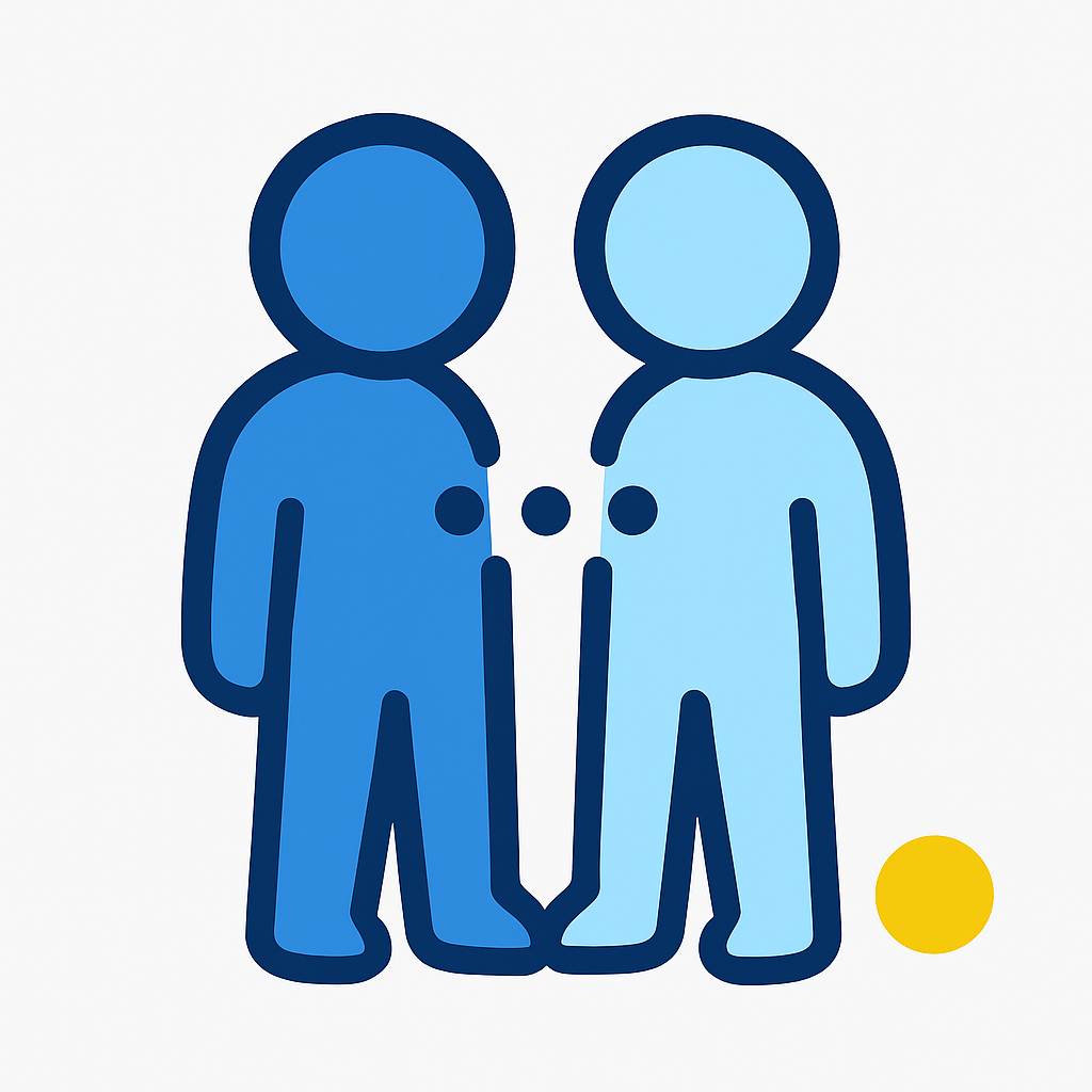 Two minimalist blue figures joined by small dots between their chests, symbolizing attachment and connection.