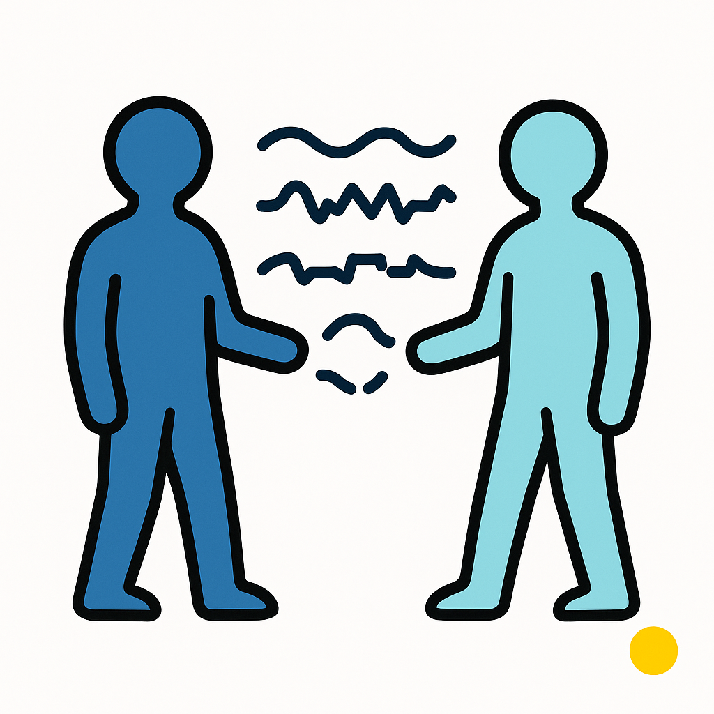 Two minimalist blue figures connected by clean and broken wavy lines, symbolizing signal, noise, and understanding in communication.