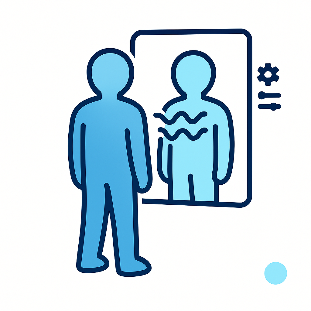 Faceless blue figure facing a mirror showing a shifted reflection, with small gear symbols representing the mind as a machine.