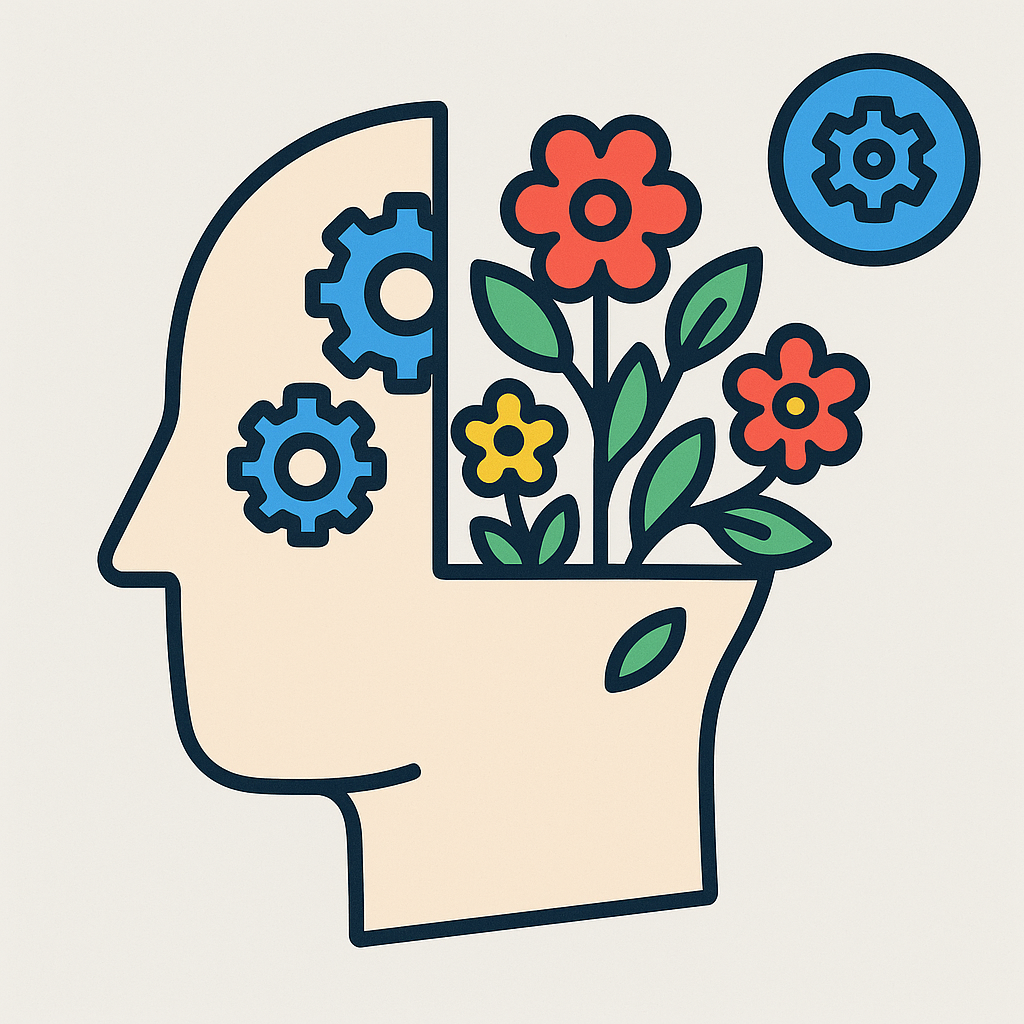 Illustration of a half-machine, half-garden mind — symbol of balance between structure and growth.